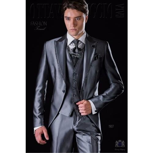 2017 Latest Coat Pant Designs Italian Sliver Grey Satin Men Suit Prom Jacket Slim Fit 3 Piece Tuxedo Custom Groom Blazer Ternos
