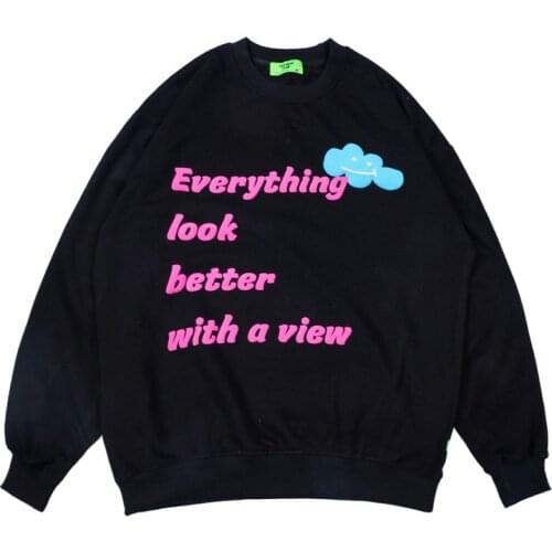 2021 Kpop Clouds Letter Print Fleece Blue Men Harajuku Pullover Sweatshirts Long Sleeve Cotton Casual Women Tshirts Sweat Homme
