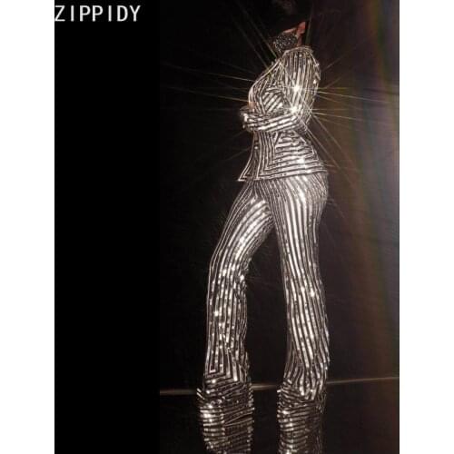 Bling Silver Striped Sequins Blazer Pants Birthday Celebrate Wear Female Singer Dancer Jacket Evening 2-Piece Suit Set