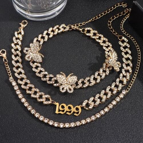 3pcs/set Iced out Hip Hop Crystal Butterfly Cuban Link Anklets For Women Shiny Luxury Crystal Cuban Ankle Bracelet Foot Jewelry
