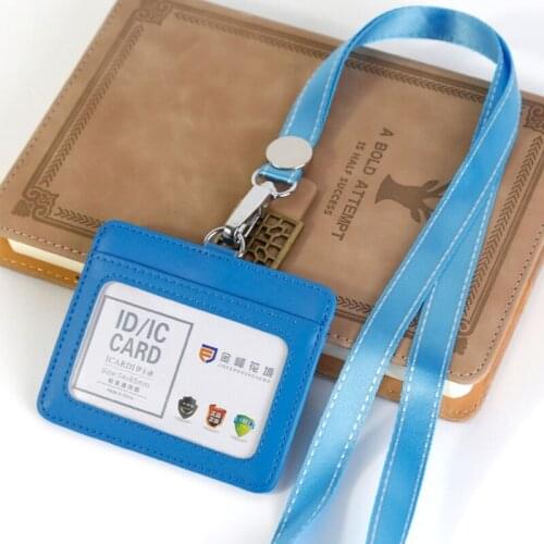 Badge Holder PU Leather ID Card Holder Wallet with Neck Lanyard 2-Sided Pocket 20CA