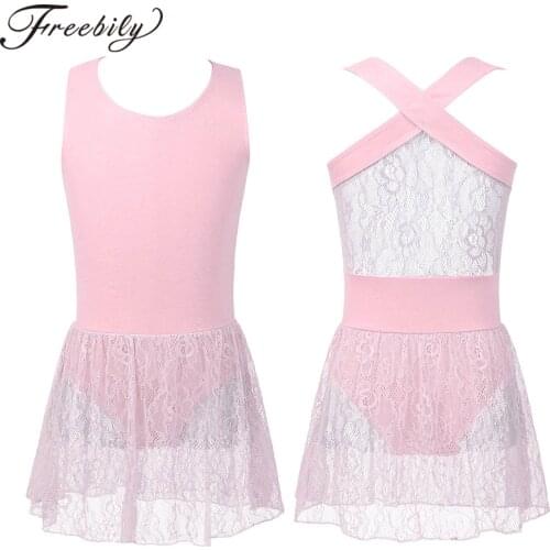 Kids Girls Ballet Dancewear Lace Dance Dress Sleeveless Cross Back Gymnastics Leotard Ballerina Dress Stage Performance Costumes