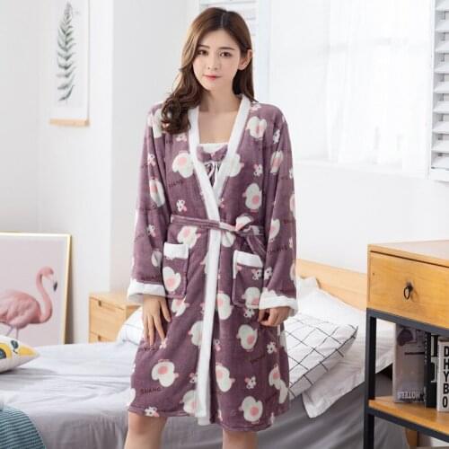 2PCS Kimono Robe Set White Coral Fleece Nightgown Warm Belt Sleepwear Nightdress Home Wear Night Wear