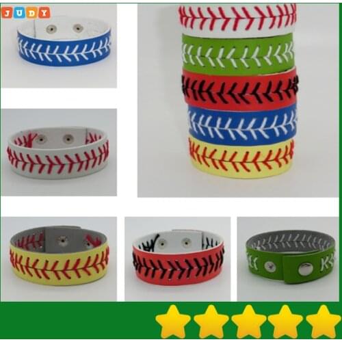Leather Softball Baseball Seam Bracelets Yellow with Red Seam Lace