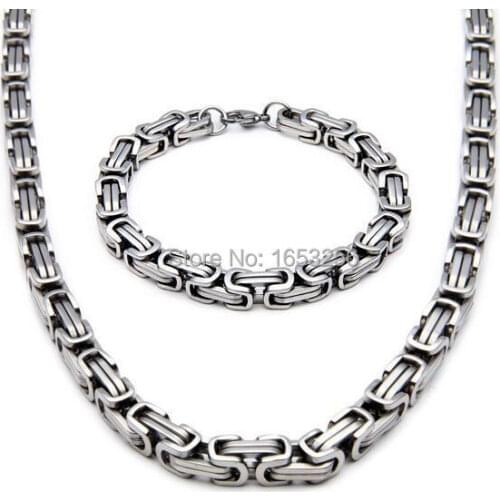 Best Price 5set of 24''+8.66'' 8.5mm stainless steel Square Byzantine Chain Link necklace + bracelet Set for Men Gift