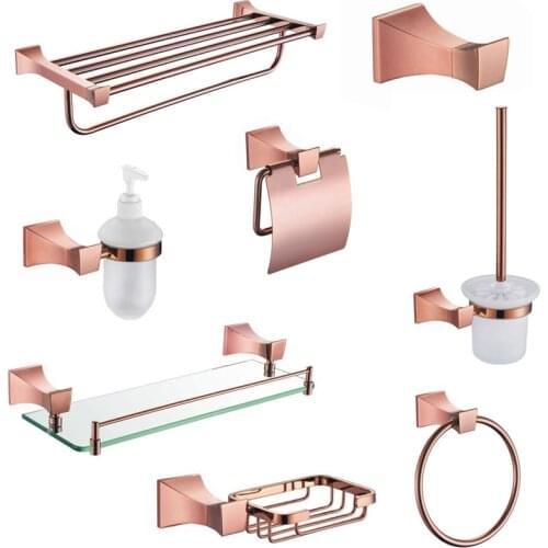 Copper European Style Rose Gold Towel Rack Soap Dish Holder Bathroom Accessories Glass Soap Dispenser Toothbrush Holder Metal