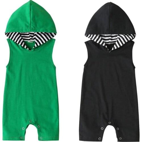Newborn Hooded Stripe Rompers Baby Boys Sleeveless Cotton Solid Cool Spring Summer Jumpsuits Casual Clothes Outfits