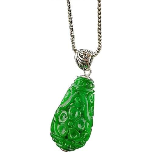 Genuine Sterling Silver 925 Green Jade Pendant For Women Natural Flower Carving Personalized Pendant Bisuteria