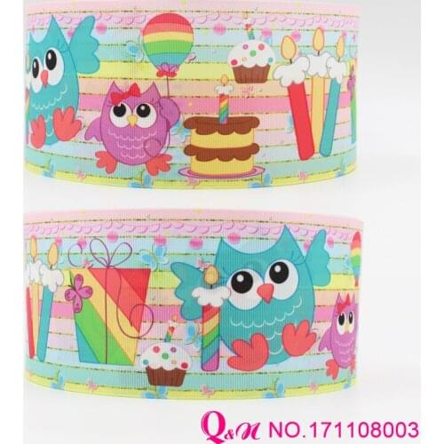 Q&N ribbon 16mm 22mm 25mm 38mm 50mm 75mm cartoon birthday owl print grosgrain ribbon webbing 50yards/roll for hair tie