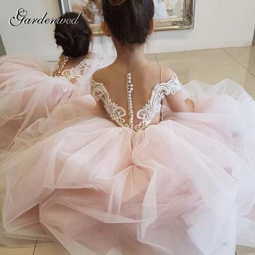Pink Puffy Girl Celebrity Dresses Satin Strapless Illusion Ball Gown Flower Girl Dresses Pearls Beading Back Girl Prom Dress