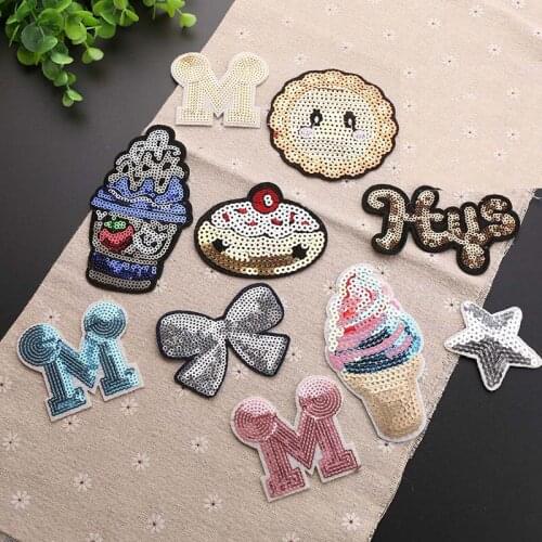 Cartoon Letter Bow Ice Cream Patches Sequin Cloth Sticker Cute Hot Heat Transfer DIY Iron Sew On Clothing Bag Shoes