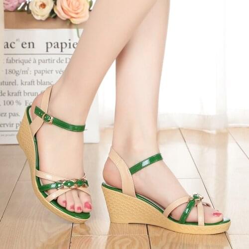 Womens Sandals Summerhigh-heeled Platform Fashion Womens Shoes Casual Patent Leather Wedge Leather Slip Simple Leather Shoes