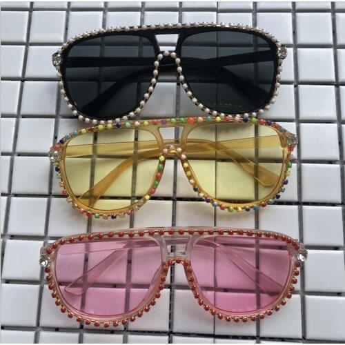 Rainbow Beads Women Men Sunglasses Yellow Pink Poilt Sun Glasses UV400 Diamond Handmade Eyewear Shades Eyeglasses Gafas de