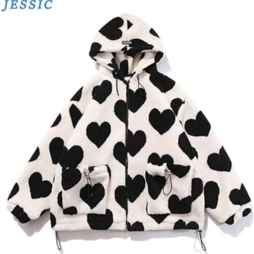 JESSIC Cute Heart-shaped Print Lambswool Winter Jacket Men Drawstring Pockets Zipper Hooded High Street Warm Couple Streetwear