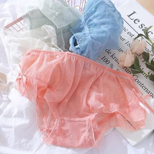 Sweet Pink Panties for Women Underwear Transparent Lace Briefs Spring Summer Lingerie Femme Lolita Panty Ruffles Loli Panties