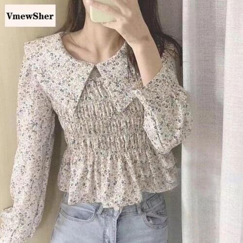 VmewSher New Spring Floral Women Blouse Elastic Bust Big Collar Puff Long Sleeve Female Flower Print Ruffle High Waist Short Top