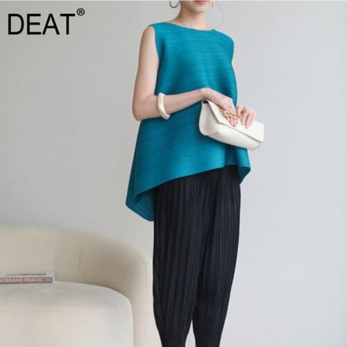 DEAT Pleated T-shirt Womens Casual Slim Wild Elegant Loose Sleeveless Round Collar 2021 New Spring Summer Fashion Tide XQ236