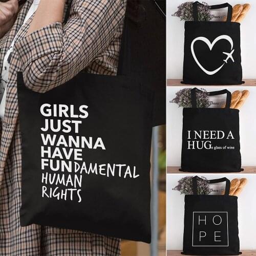 Girls Just Wanna Have Human Rights Black Canvas Tote Bag Fashion Ladies Shopping Travel Eco Cloth Bag Handbag Girl Shoulder Bags