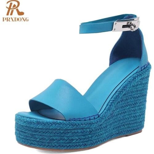 Brand Genuine Leather Women Sandals New 2021 Hot Summer Wedges High Heels Blue Dress Party Casual Gladiator Sandals Size 34-40