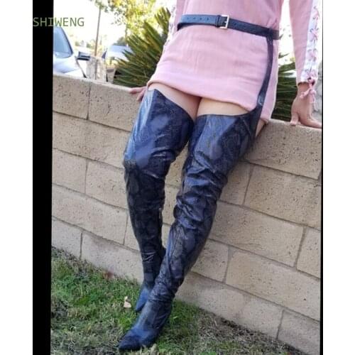 2021 Sexy Waist Buckle Strap Thin High Heels Women Snakeskin Over The Knee Thigh High Boot Pointed Toe Female Shoes 35-44