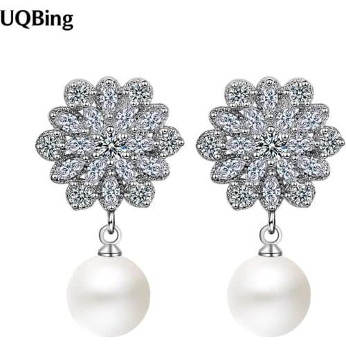 High Quality 925 Sterling Silver Big Flash Crystal Pearl Flower Wedding Women Stud Earrings Wholesale