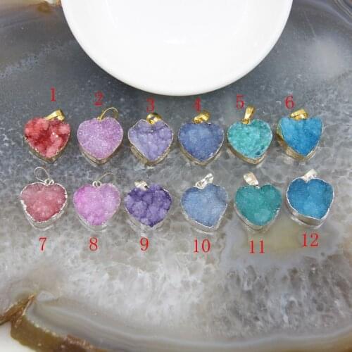 1pcs Love Heart Shaped Natural Geode Agates Pendants,Drusy Druzy Quartz Necklace DIY Jewelry Earring Charms Making Accessories