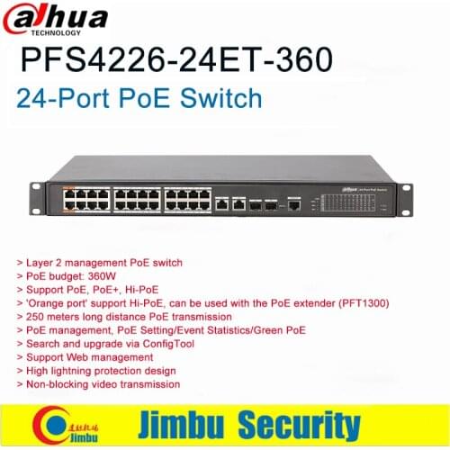 Dahua 24-Port PoE Switch model DH-PFS4226-24ET-360 2*10/100/1000 Base-T 2*1000 Base-X 24*10/100 Base-T