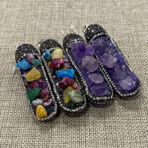 Irregular Cylindrical Resin Amethyst Inlaid with Diamonds, Fashion Pendant DIY Jewelry Making Necklace and Bracelet Size 20x80mm