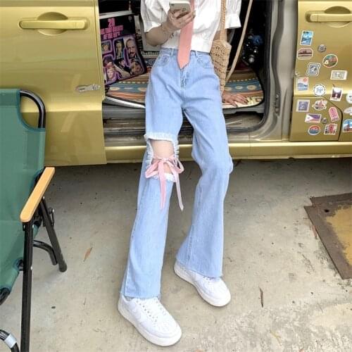 Korean Harajuku Washed Cargo Daniel Pants High Waist Vintage Hollow Out Hole Lace Bandage Bow Loose Wide Leg Pants Trousers