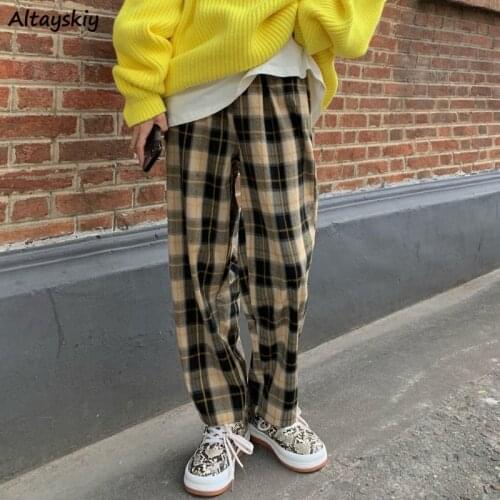 Pants Women New Fashion Plaid Loose High Waist Korean Style Retro Chic Students Girls All-match Yellow 2XL Vintage Straight Lady