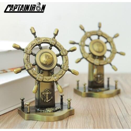CAPTAINIRON Vintage Home Decor Iron Rudder Miniature Figurines Rotatable Helm Model Metal Ornament for Office Table Decoration