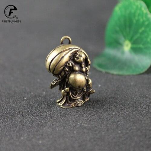 Solid Brass Cloth Bag Maitreya Buddha Small Ornament Antique Copper Statue Miniature Figurine Keychains Decoration Accessories