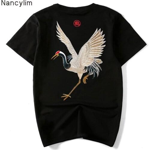 Women and Men T-shirt Summer New Chinese Style Retro National Cotton T Shirt Male and Female Embroidered Crane Short Sleeve Tees