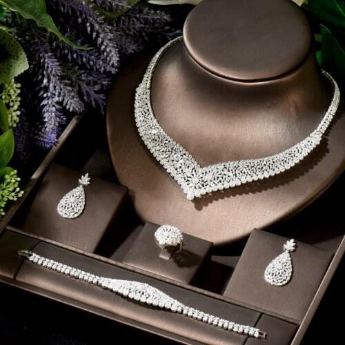 HIBRIDE Shiny Elegant 4PCS White Cubic Zirconia African Women Wedding Necklace Earring Set Brides Jewelry Set bijoux N-1832