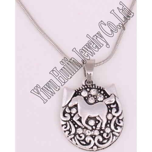 Best-selling antique sliver plated clear stone HORSE pendant necklace snake chain