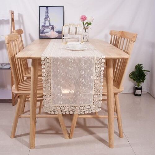 Classic Design Beige Color Embroidered Lace Mesh Polyester 2-Layer Modern Table Runner For Wedding Party Banquet Home Decoration