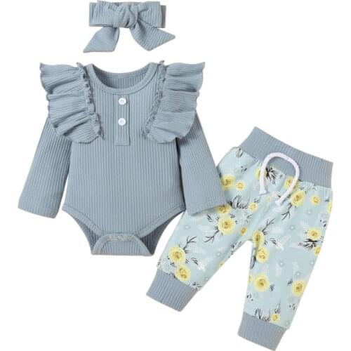 New 3Pcs Baby Outfit, Solid Color Ruffled Long Sleeve Romper+Floral Elastic Waist Pants + Headband for Toddler Girls 0-18 Months