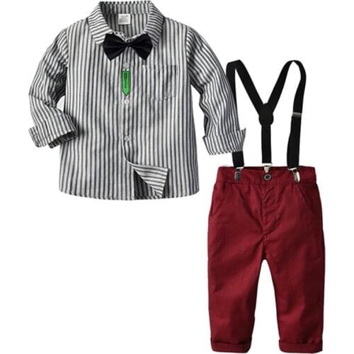 Boy Clothing Set Dress Suit Gentleman Triped Shirt With Bow Tie + Overalls Suit Party wedding Handsome Kid Clothing