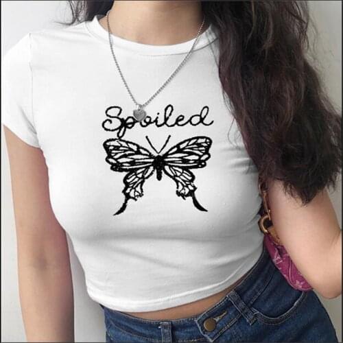 Butterfly Print Short T-shirt Womens Summer Dress Korean Style high Waist Tight-Fitting Navel Top Dress Women