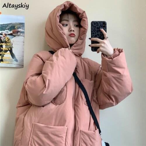 Short Style Parkas Women Hooded Winter Solid Plus Size 3XL Students Sweet Leisure Womens Chic Daily Pockets Zipper Female Chic