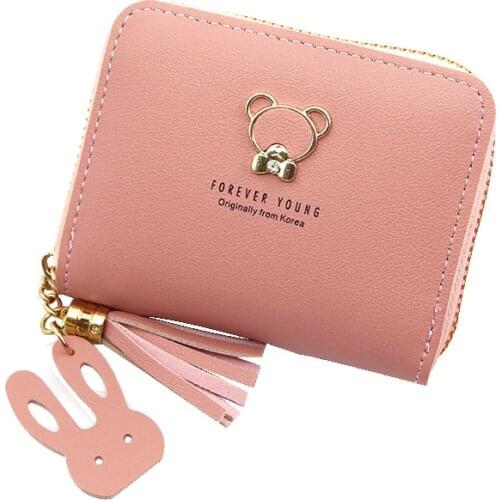 Womens Wallet Short Cute Bear Female Fashion Zipper Tassel Solid Color Cartoon Coin Purses Ladies Mini Card Holder Money Clip