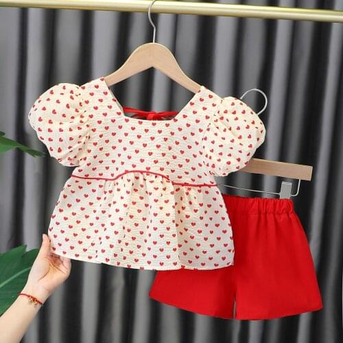Girls Summer Clothes Set Puff Sleeve Square Collar Love Heart Print Tops+Solid Shorts Suits Infant Toddler 2Pcs Casual Sets