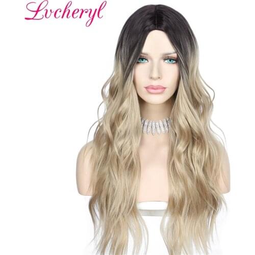 Lvcheryl Machine Made Simulated Scalp Synthetic Wig Ash Blonde Dark Roots Natural Wavy Wigs Hair for Women High Temperature