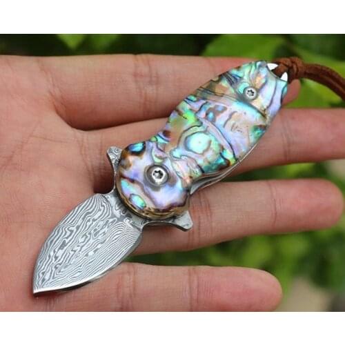 Mini Pocket Folding Knife Beetle Bearing Damascus Blade Abalone+Steel Handle Tactical Rescue Hunting Fishing EDC Survival Tool