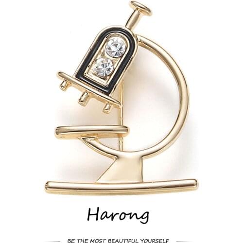 Fashion Classic Golden Alloy Microscope Medical Brooch Inlaid Natural Zircon Crystal Quality Lapel Pins Badge Jewelry For Doctor