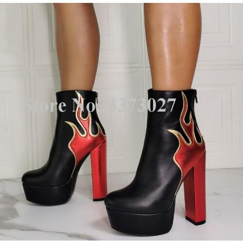 Fashion Chunky Heel Lady Platform Ankle Boots Flame Printed Leather Short Boots Women Real Photos Large Size Banquet Boots