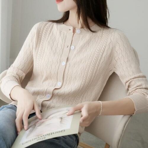 Fashion womens cardigan sweater new spring O-neck elegant wool knitted long-sleeved Hollow Out Sexy Tops Pull Femme Casual Coat