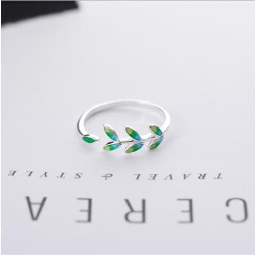 New Arrival Exquisite Green Leaf Epoxy Fashion 925 Sterling Silver Jewelry Atmosphere Creative Leaves Opening Rings SR596