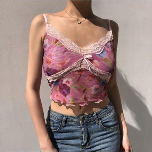 New Fashion Women Sexy Camis Top Floral Printing Sling Vest Top Ladies Sleeveless Slim Lace V-neck Crop Top Party Clubwear