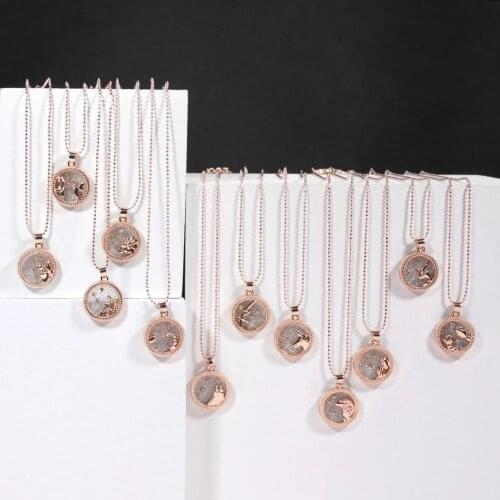 12 Zodiac Constellations Necklace Geometric Round Pendant Rose Gold Chain Unisex Friendship Jewelry